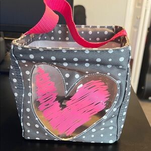 Thirty-One Gray Polka Dot Cosmetic Bag with Pink Heart